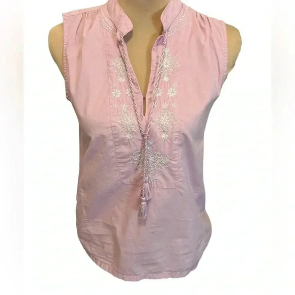 J. Crew Womens Blouse Size 2 Pink Tassel Tie V Neck Embroidered Tank Top In EUC. - Picture 1 of 9